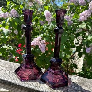 Pair-Vintage Amethyst Pressed Glass 10” Candlesticks or Candle Holders-Gorgeous